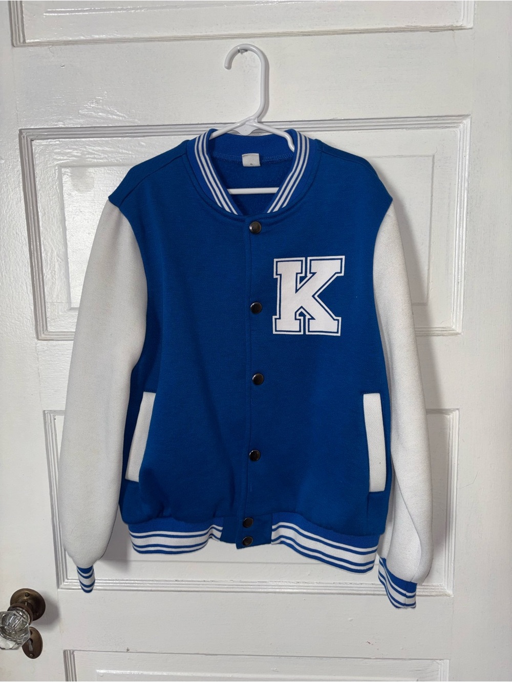 SHEIN Blue and White Varsity Letterman Jacket for Kids
